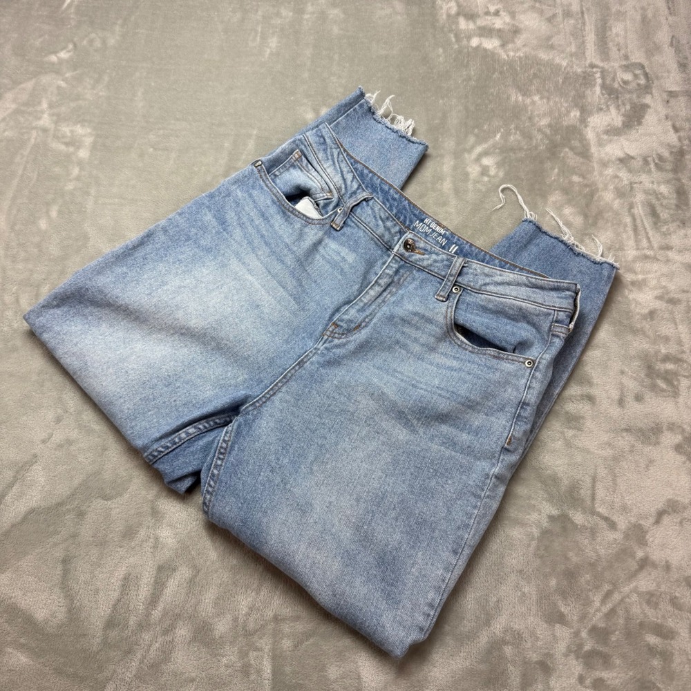 HT Denim Mom Jeans Womens 11 Light Wash High Rise Raw Hem Tapered Leg‎ Stretch